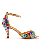 Sandali Con Tacco A Spillo Punta Aperta Decorazione In Strass Color Oro Cinturino Alla Caviglia