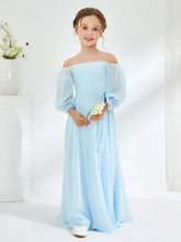 Abiti Damigella Junior Lunghi In Chiffon Senza Spalline Blu Cielo