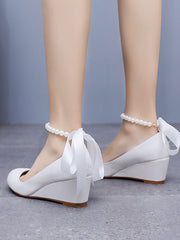 Scarpe Mary Jane Con Tacco Platform Punta Tonda Decorate Con Perline