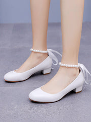 Scarpe Da Sposa Con Tacco Grosso Basso Punta Tonda Decorate Con Perline