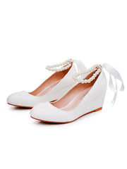 Scarpe Mary Jane Con Tacco Platform Punta Tonda Decorate Con Perline