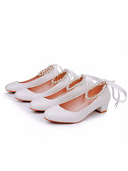 Scarpe Da Sposa Con Tacco Grosso Basso Punta Tonda Con Perline