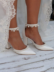 Sandali Eleganti Con Perle Diamanti E Tacco Alto A Blocco