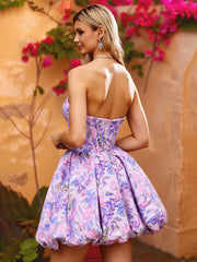 Abiti Corti A-Line Con Corsetto Senza Spalline E Stampa Floreale Lilla