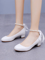Scarpe Da Sposa Con Tacco Grosso Basso Punta Tonda Con Perline
