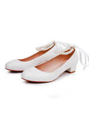 Scarpe Da Sposa Con Tacco Grosso Basso Punta Tonda Decorate Con Perline