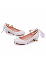 Scarpe Da Sposa Con Tacco Grosso Basso Punta Tonda Con Perline