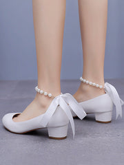 Scarpe Da Sposa Con Tacco Grosso Basso Punta Tonda Con Perline