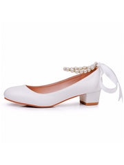 Scarpe Da Sposa Con Tacco Grosso Basso Punta Tonda Con Perline