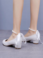 Scarpe Da Sposa Con Tacco Grosso Basso Punta Tonda Decorate Con Perline
