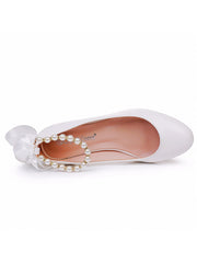 Scarpe Da Sposa Con Tacco Grosso Basso Punta Tonda Con Perline