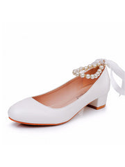 Scarpe Da Sposa Con Tacco Grosso Basso Punta Tonda Con Perline