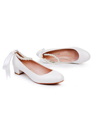 Scarpe Da Sposa Con Tacco Grosso Basso Punta Tonda Decorate Con Perline