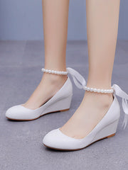 Scarpe Mary Jane Con Tacco Platform Punta Tonda Decorate Con Perline