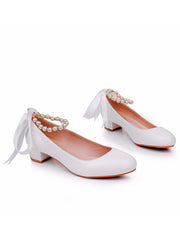 Scarpe Da Sposa Con Tacco Grosso Basso Punta Tonda Con Perline