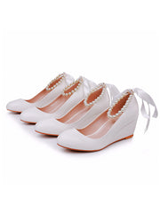 Scarpe Mary Jane Con Tacco Platform Punta Tonda Decorate Con Perline