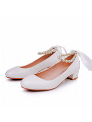 Scarpe Da Sposa Con Tacco Grosso Basso Punta Tonda Con Perline