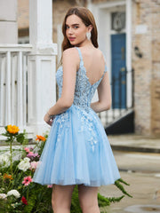 Abito Corto Da Prom Glitter Con Corpetto A Corsetto E Appliques Blu Cielo