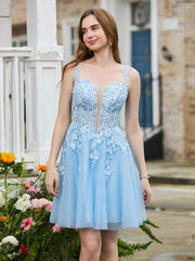 Abito Corto Da Prom Glitter Con Corpetto A Corsetto E Appliques Blu Cielo