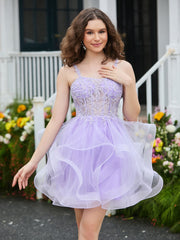 Abito Corto In Tulle Con Corpetto A Corsetto E Appliques Lilla