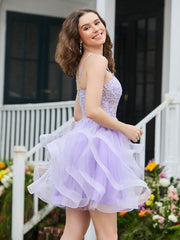 Abito Corto In Tulle Con Corpetto A Corsetto E Appliques Lilla