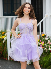 Abito Corto In Tulle Con Corpetto A Corsetto E Appliques Lilla