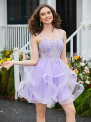 Abito Corto In Tulle Con Corpetto A Corsetto E Appliques Lilla