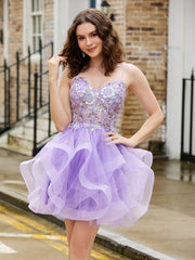 Abito Corto In Tulle Glitter Con Corpetto A Corsetto E Paillettes Lilla