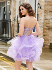 Abito Corto In Tulle Glitter Con Corpetto A Corsetto E Paillettes Lilla