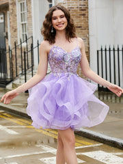 Abito Corto In Tulle Glitter Con Corpetto A Corsetto E Paillettes Lilla
