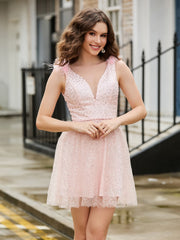 Abito Da Homecoming A-Line Con Scollo a V E Paillettes Rosa Cipria