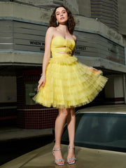 Abito Corto A-Line Senza Spalline In Tulle A Balze Narciso