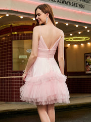 Abito Corto A-Line In Tulle A Balze Con Cuciture Glitter Rosa Cipria