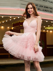 Abito Corto A-Line In Tulle A Balze Con Cuciture Glitter Rosa Cipria