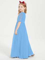 Abito Lungo Damigella Junior Top In Pizzo Con Maniche A Mezza Lunghezza Blu