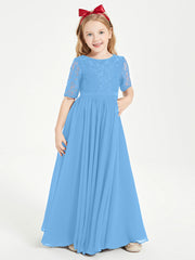 Abito Lungo Damigella Junior Top In Pizzo Con Maniche A Mezza Lunghezza Blu