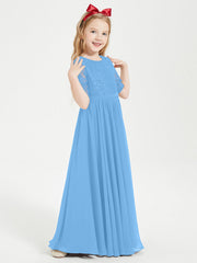 Abito Lungo Damigella Junior Top In Pizzo Con Maniche A Mezza Lunghezza Blu