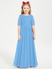 Abito Lungo Damigella Junior Top In Pizzo Con Maniche A Mezza Lunghezza Blu