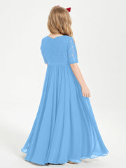 Abito Lungo Damigella Junior Top In Pizzo Con Maniche A Mezza Lunghezza Blu