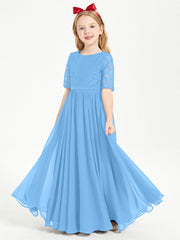 Abito Lungo Damigella Junior Top In Pizzo Con Maniche A Mezza Lunghezza Blu