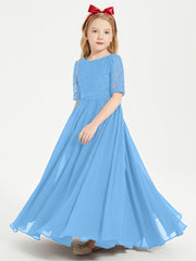 Abito Lungo Damigella Junior Top In Pizzo Con Maniche A Mezza Lunghezza Blu