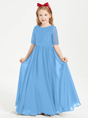 Abito Lungo Damigella Junior Top In Pizzo Con Maniche A Mezza Lunghezza Blu