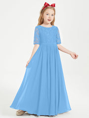 Abito Lungo Damigella Junior Top In Pizzo Con Maniche A Mezza Lunghezza Blu