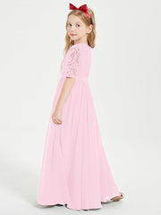 Abito Lungo Damigella Junior Top In Pizzo Con Maniche A Mezza Lunghezza Rosa Bonbon