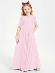 Abito Lungo Damigella Junior Top In Pizzo Con Maniche A Mezza Lunghezza Rosa Bonbon