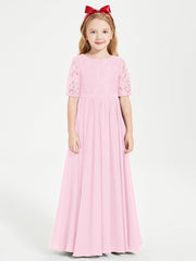 Abito Lungo Damigella Junior Top In Pizzo Con Maniche A Mezza Lunghezza Rosa Bonbon