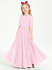 Abito Lungo Damigella Junior Top In Pizzo Con Maniche A Mezza Lunghezza Rosa Bonbon