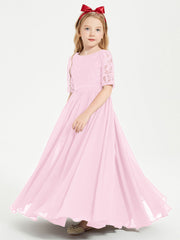 Abito Lungo Damigella Junior Top In Pizzo Con Maniche A Mezza Lunghezza Rosa Bonbon
