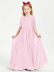 Abito Lungo Damigella Junior Top In Pizzo Con Maniche A Mezza Lunghezza Rosa Bonbon