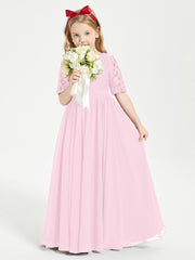 Abito Lungo Damigella Junior Top In Pizzo Con Maniche A Mezza Lunghezza Rosa Bonbon